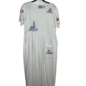 Michael Simon Lite White Embroidered Seaside Boat Maxi Dress Sz M